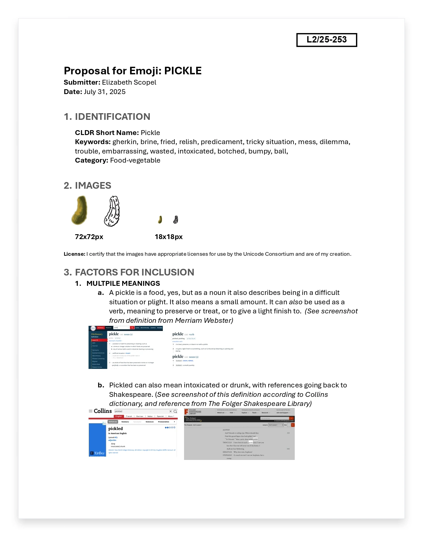 Proposal example for adding the Pickle emoji from July 31, 2025, author Elizabeth Scopel